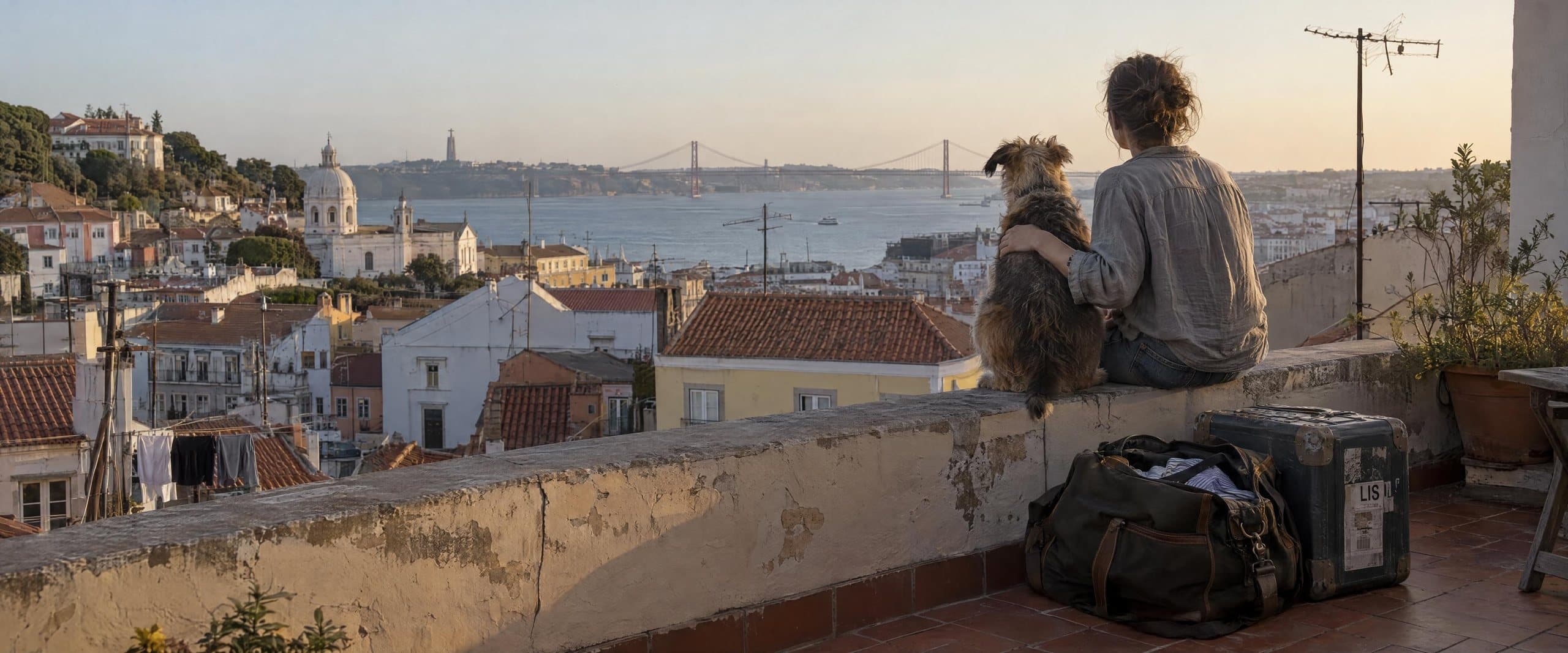 Late afternoon on a Lisbon rooftop terrace: a woman sits beside her scruffy dog, a travel crate behind them, both looking out over the rooftops to the river.