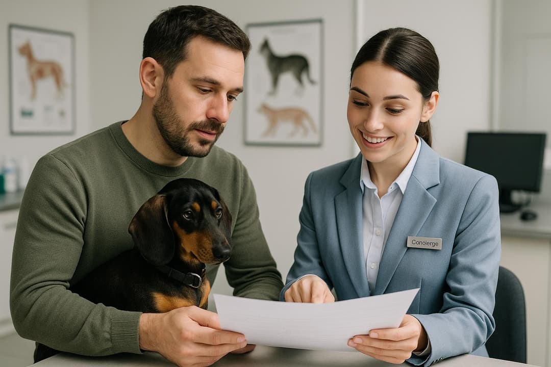 Pet parent with concierge service reviewing documents