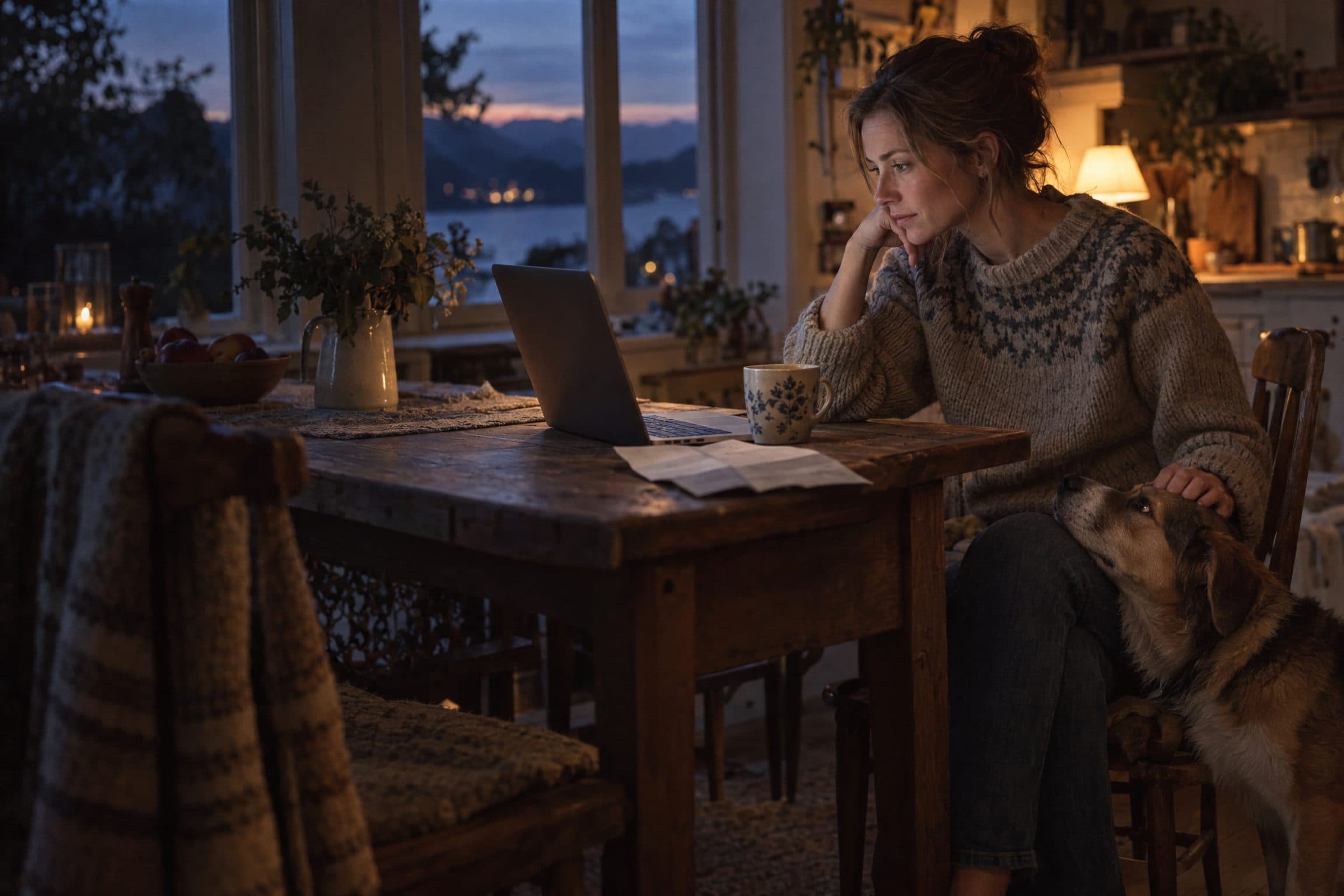 Late evening at the kitchen table: a woman reads her laptop while her dog rests its chin on her knee and looks up at her.