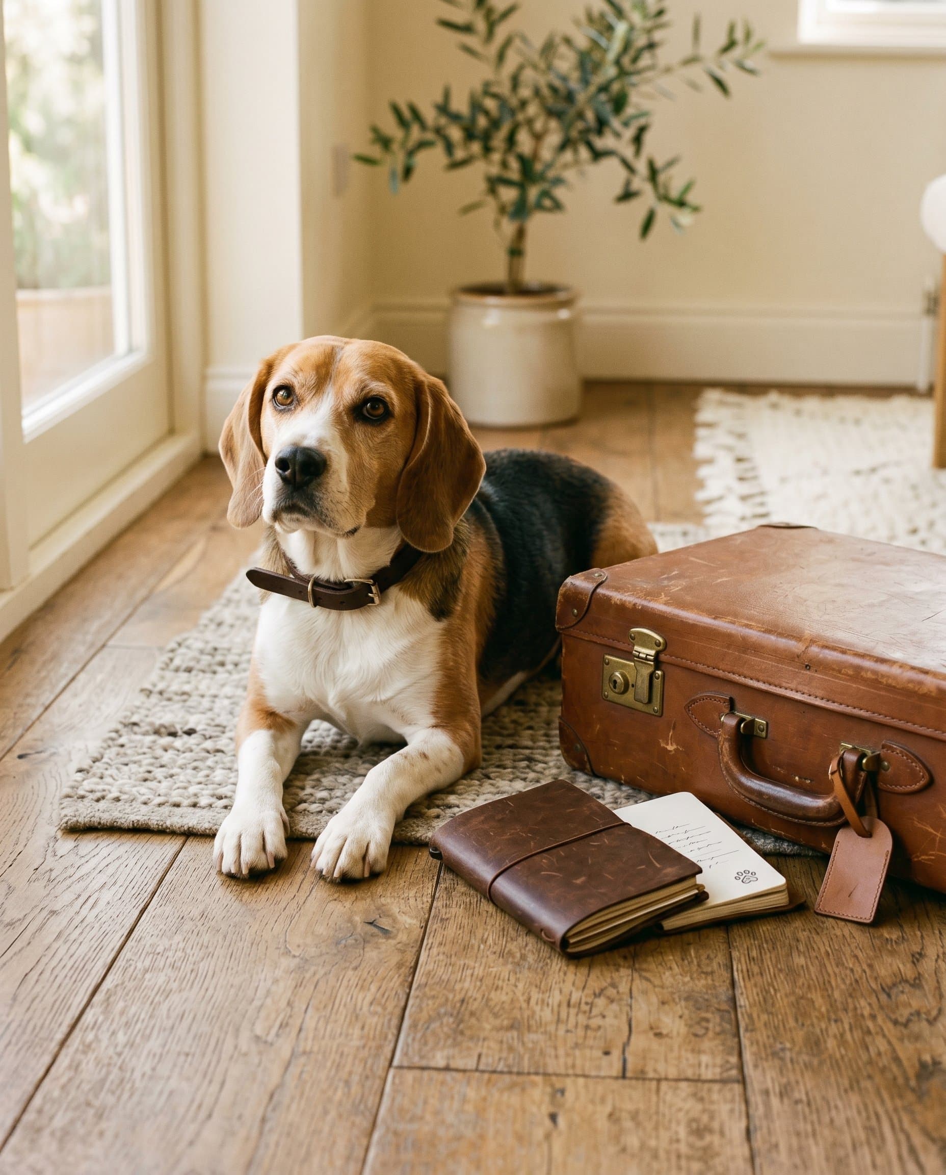 A beagle resting beside a leather travel notebook and vintage suitcase in warm sunlight