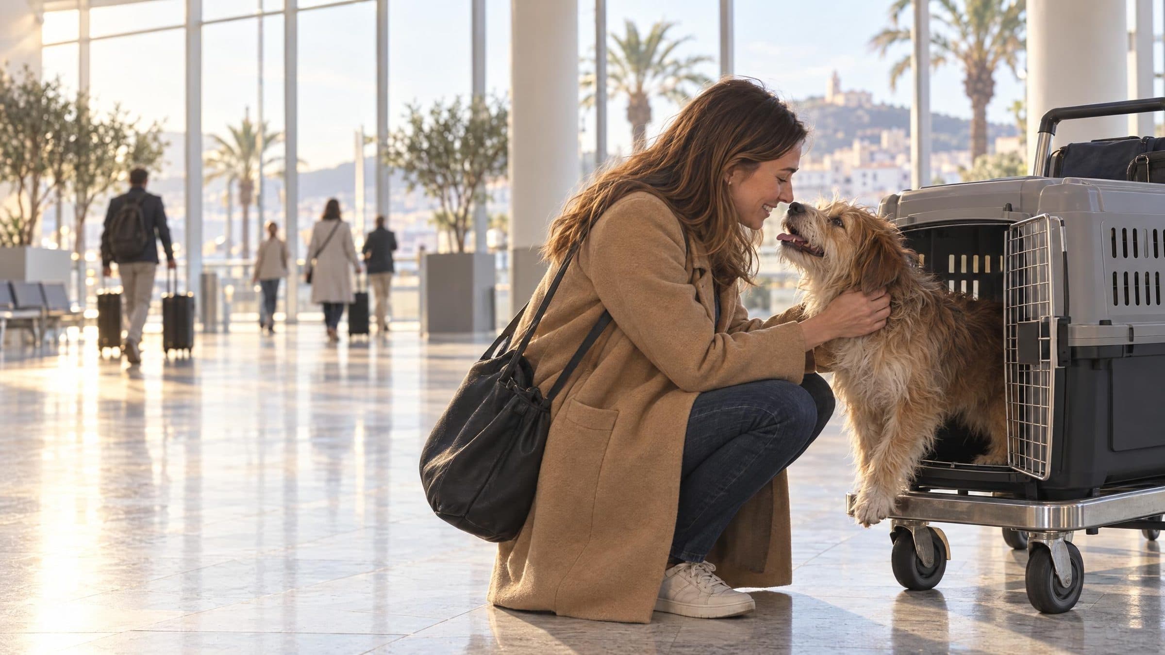 In a sunlit arrivals hall, a traveler crouches to greet her scruffy dog as he steps out of his travel crate.
