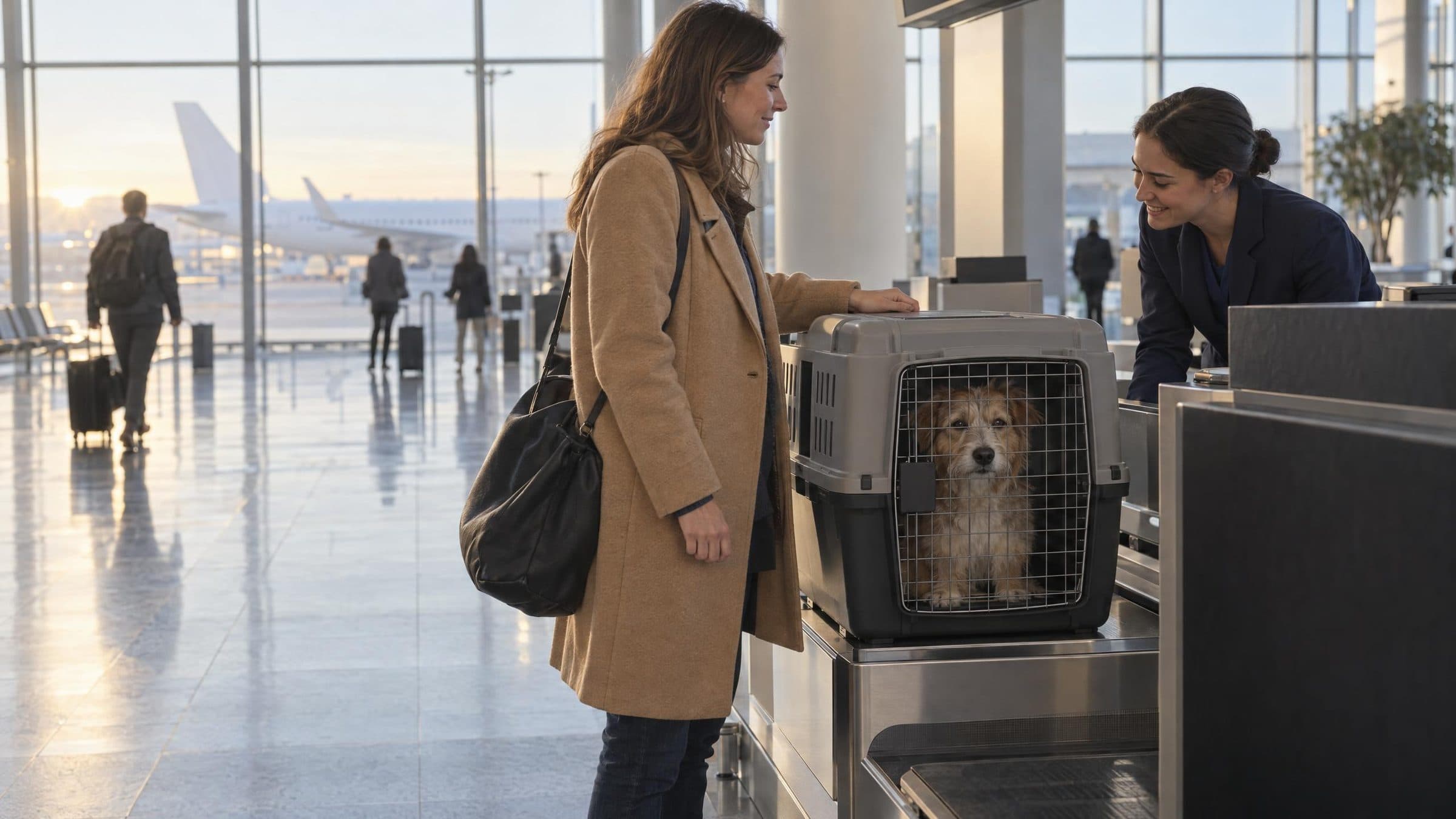 A traveler at an airport check-in desk with her scruffy mixed-breed dog in a hard-sided travel crate on the baggage scale, while the agent leans over the counter to say hello.