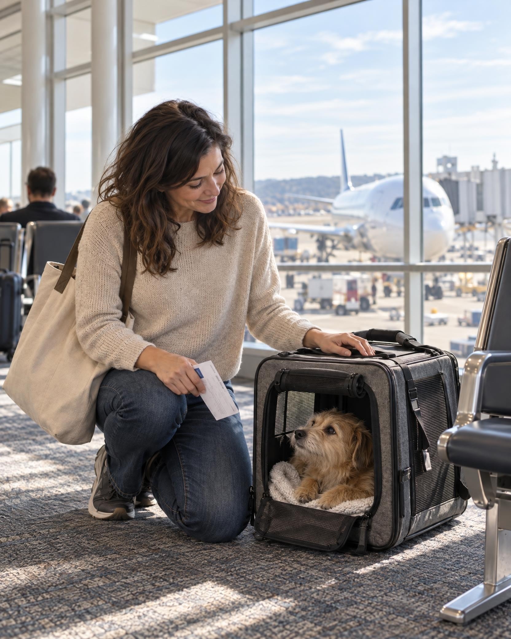 At an airport gate, a woman kneels beside an open soft pet carrier and smiles down at the small scruffy dog resting inside on a blanket.
