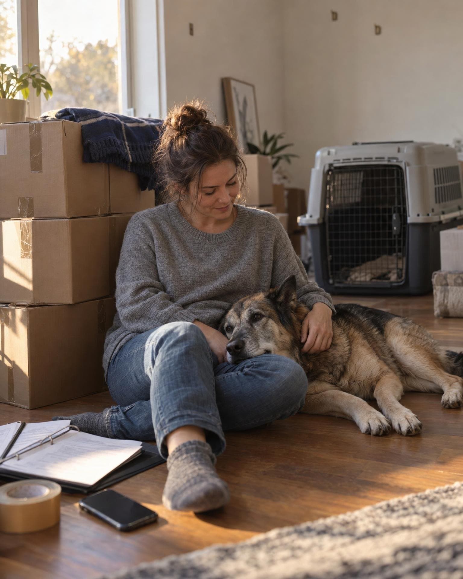 A woman sitting on the floor of a half-packed apartment against a stack of moving boxes, her older shepherd resting its head on her knee, an airline travel crate behind them.