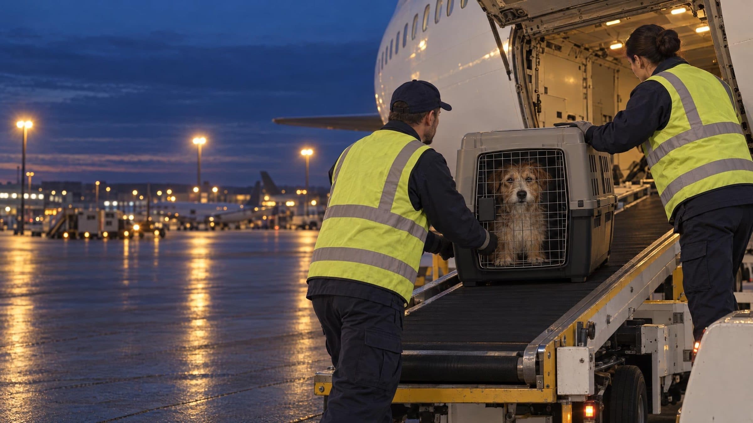 At dusk, two ground handlers guide a dog's travel crate up a belt loader into the hold of a passenger aircraft.
