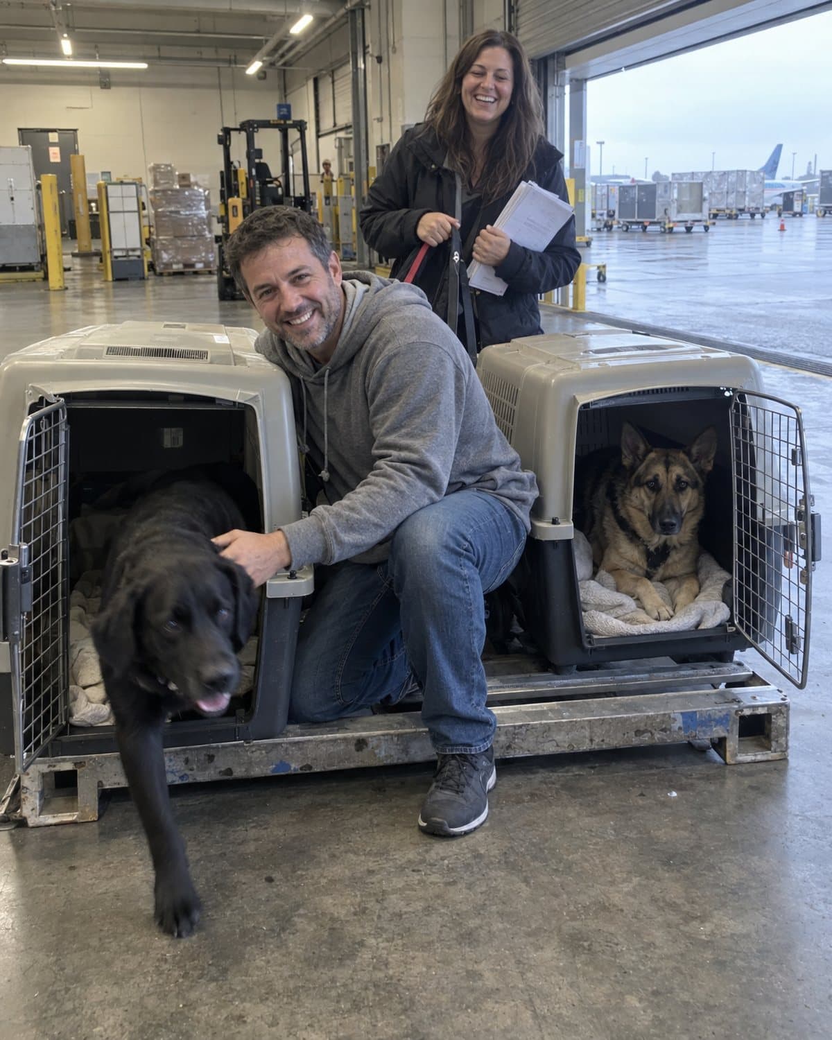 A couple collecting two large dogs at an airline cargo warehouse, a black Labrador stepping out of one crate while a shepherd mix lies in the other.