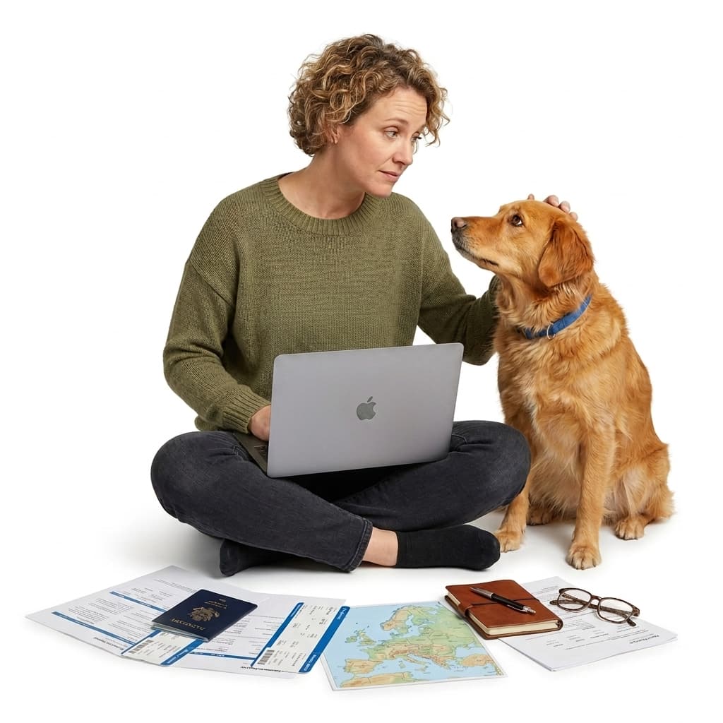 Pet parent researching travel requirements with their dog