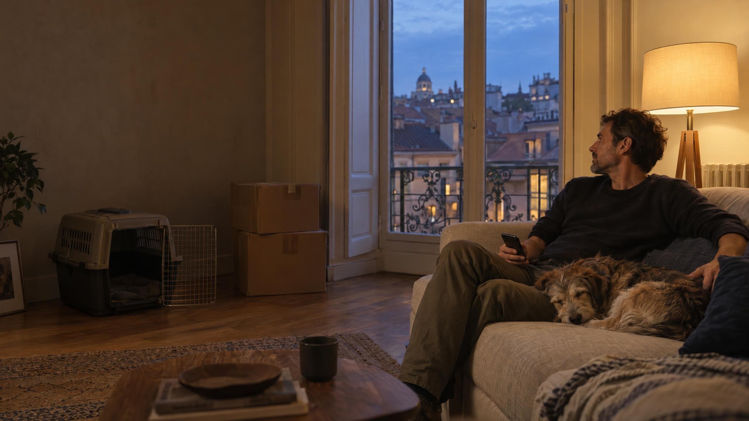 Evening in a newly arrived apartment: a man on the sofa looks out at the rooftops while his scruffy terrier sleeps against his leg, an empty travel crate and two moving boxes by the wall.