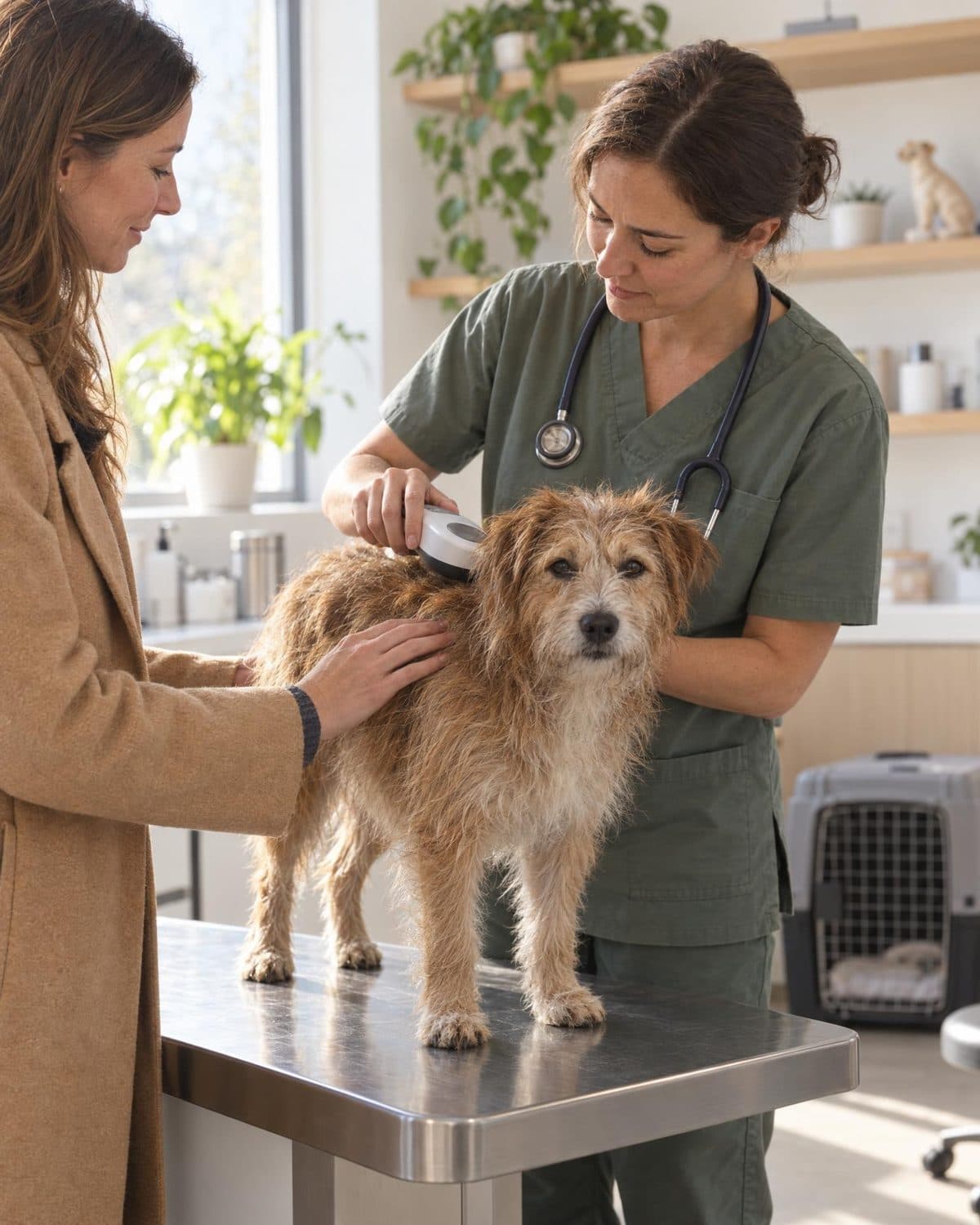 A veterinarian scans a scruffy mixed-breed dog's microchip on the exam table while the owner keeps a hand on his back.