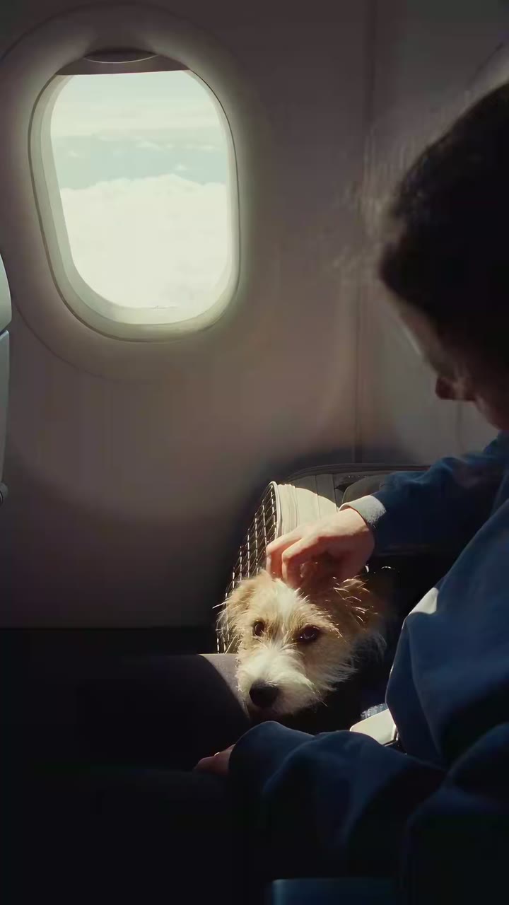 A woman in an aircraft window seat leans down to stroke her small terrier, who rests calmly at her feet.
